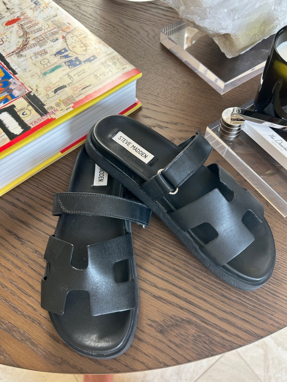 Steve Madden Black Leather Cutout Slide Sandals. Perfect Condition.
